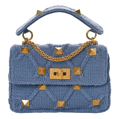Pre-owned Valentino Garavani Women's Valentino Knit Roman Stud Shoulder Bag In Blue