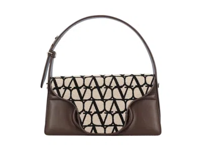 Pre-owned Valentino Garavani Women's Valentino Le Grand Deuxième Logo Plaque Shoulder Bag In Beige/brown