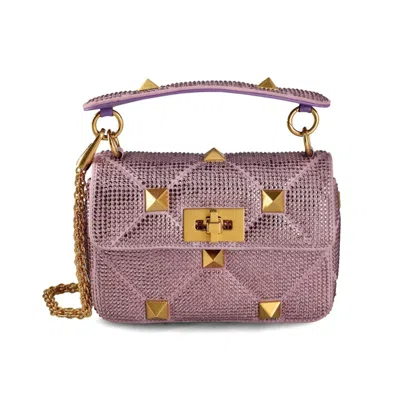 Pre-owned Valentino Garavani Women's Valentino Roman Stud Chainlinked Medium Shoulder Shoulder Bag In Purple