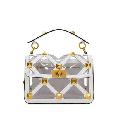 Pre-owned Valentino Garavani Women's Valentino Roman Stud Foldover Top Shoulder Shoulder Bag In Gold/white