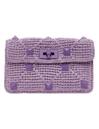 Pre-owned Valentino Garavani Women's Valentino Roman Stud Small Pouch In Purple