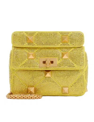 Pre-owned Valentino Garavani Women's Valentino Roman Stud Small Shoulder Shoulder Bag In Yellow