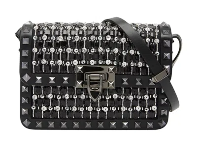 Pre-owned Valentino Garavani Women's Valentino Small Rockstud Rhinestone Shoulder Bag In Black