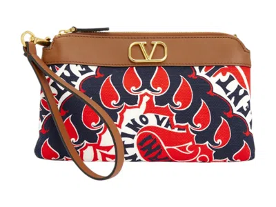 Pre-owned Valentino Garavani Women's Valentino V'logo Leathertrimmed Canvas Pouch In Brown