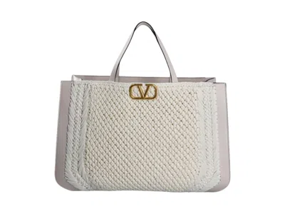 Pre-owned Valentino Garavani Women's Valentino V'logo Signature Crochet Raffia Tote Bag In Grey/white
