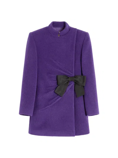 Valentino Ruched Velour Peacoat With Bow In Purple
