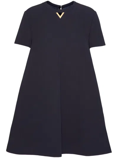 Valentino Strucutred Couture Crewneck Straight Hem Dress In Blue