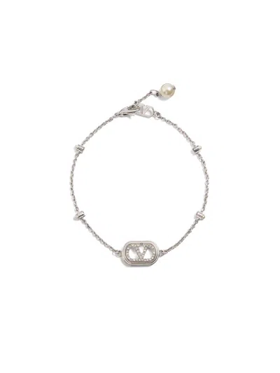 Valentino Garavani Vlogo Signature Bracelet In Metal, Pearls And Swarovski® Crystals Woman Rhodium S In Metallic