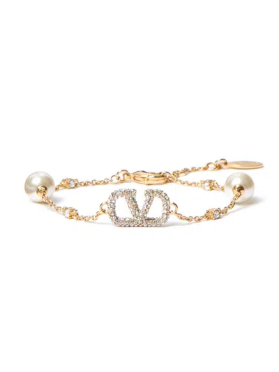 Valentino Garavani Women's Vlogo Signature Bracelet In Metal, Swarovski Crystals And Pearls In Gold