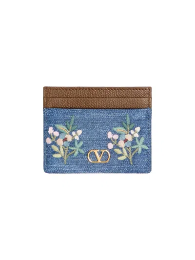 Valentino Garavani Women's Vlogo Signature Card Holder In Denim With Floral Embroidery In Blue