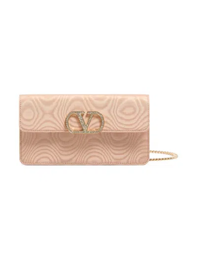 Valentino Garavani Vlogo Signature Chain Wallet In Moiré Fabric With Jewel Logo Woman Pink/crystal U In Sand