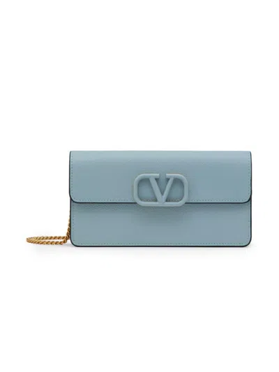 Valentino Garavani Women's Vlogo Signature Grainy Calfskin Wallet With Chain In Blue