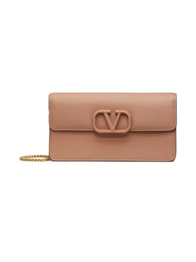 Valentino Garavani Women's Vlogo Signature Grainy Calfskin Wallet With Chain In Brown