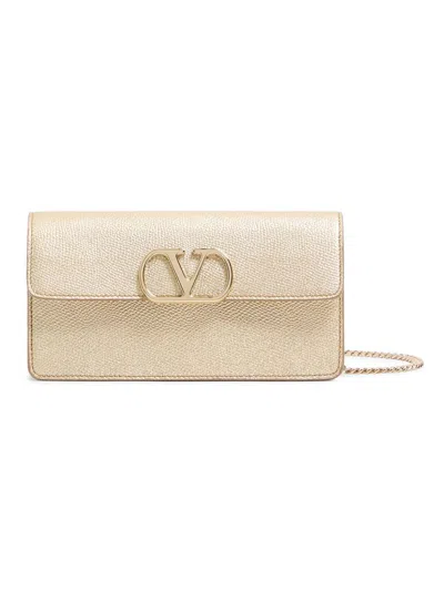 Valentino Garavani Women's Vlogo Signature Laminated Grainy Calfskin Wallet With Chain In Silver