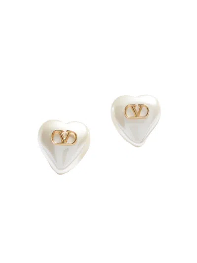Valentino Garavani Vlogo Signature Brass Earrings With Heart Synthetic Pearls In White