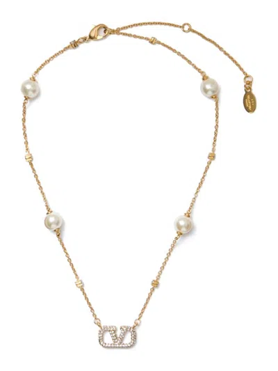 Valentino Garavani Women's Vlogo Signature Metal Necklace With Swarovski Crystals And Pearls In Gold