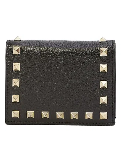 Valentino Garavani Leather Rockstud French Flap Card Holder In Black