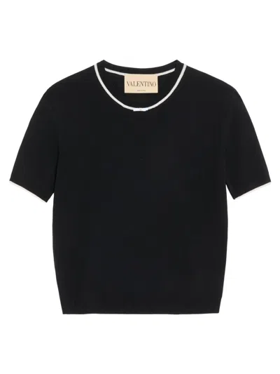 Valentino Knit Top Contrast Trim Ribbed Hem Sleeves In Black