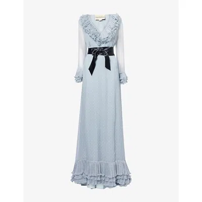 Valentino Womens Antique Steel Betulla Polka-dot Pattern Ruffled Silk-blend Gown In Gray