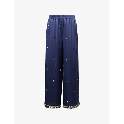 Valentino Womens Avio Scuro Silver Crystal-embellished Wide-leg Silk Trousers In Blue