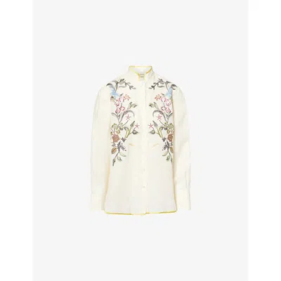 Valentino Womens Avorio Multicolor Floral-embroidery Linen Shirt In White