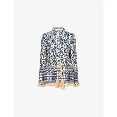 Valentino Womens Betulla Blu Floral-pattern Tasselled Canvas Jacket In Blue