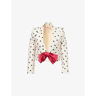 Valentino Bow-embellished Polka-dot Silk-shantung Jacket In Beige