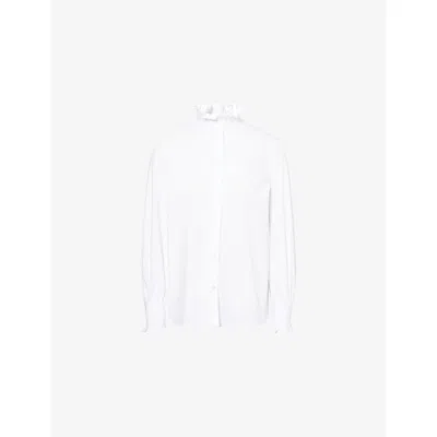 Valentino Womens Bianco Ottico Ruffle-trim Long-sleeve Cotton Shirt In White
