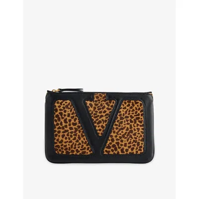 Valentino Garavani Womens Biscotto/barkbrown Viv Superstar Leopard-print Leather Pouch
