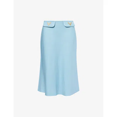 Valentino Womens Bluish Grey Vlogo Hardware Flared Woven Midi Skirt In Blue