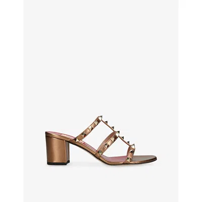 Valentino Garavani Womens Rockstud 60 Leather Heeled Mules Bronze Eur 38.5 / 5.5 Uk In Brown