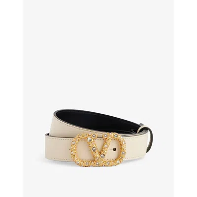 Valentino Garavani Womens  Vlogo Signature Crystal-embellishment Leather Belt In Butter White/crystal