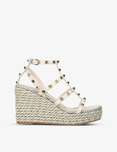 Valentino Garavani Rockstud Torchon Espadrille Wedges In Black