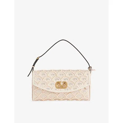 Valentino Garavani Devain Pearl And Crystal-embellished Satin Shoulder Bag In Neutral