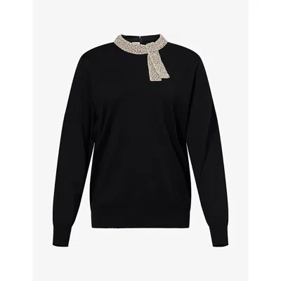 Valentino Womens Crystal-embellished Virgin-wool Jumper Nero