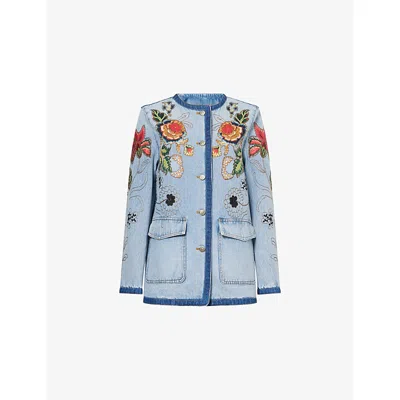 Valentino Womens Denim Blu Lav Chiaro Floral Embroidered Denim Jacket In Blue