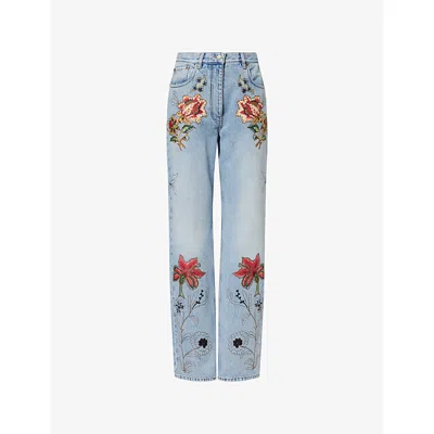 Valentino Floral-embroidery Jeans In Blue