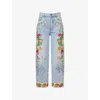 Valentino Womens Floral-embroidery Wide-leg Denim Jeans Denim Blu Lav Chiaro In Denim Blu Lav Chiaro