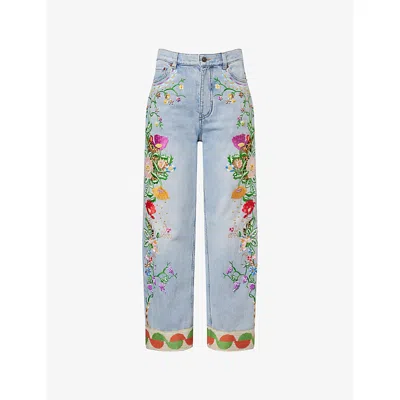 Valentino Embroidered Straight-leg Jeans In Blue
