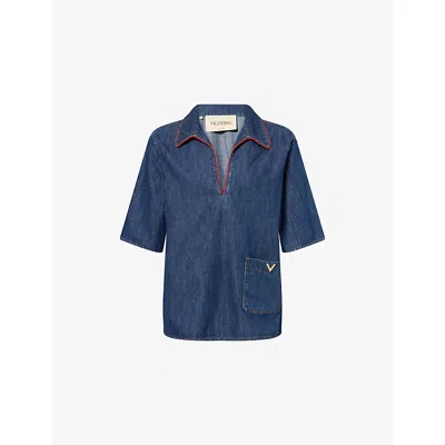 Valentino Womens Denim Scuro Camicia V-logo Mini Denim Dress In Blue