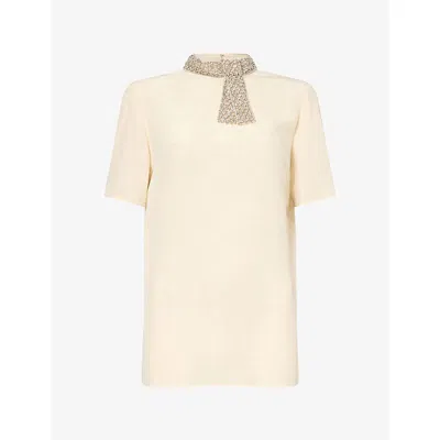 Valentino Womens Embellished-neck Silk Blouse Vaniglia/silver