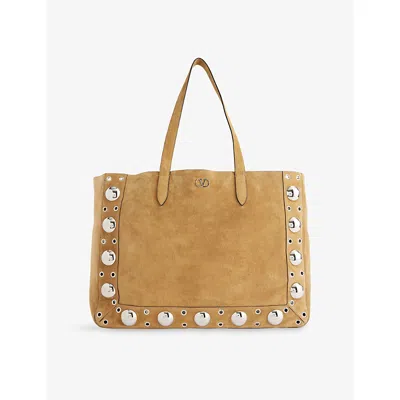 Valentino Garavani Womens Havana Beige Nellcôte Large Studded Suede Tote Bag In Brown