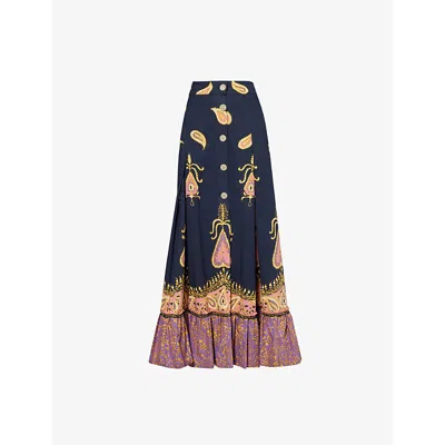 Valentino Paisley High Waist Skirt With Ruffled Hem In Indaco Multicolor