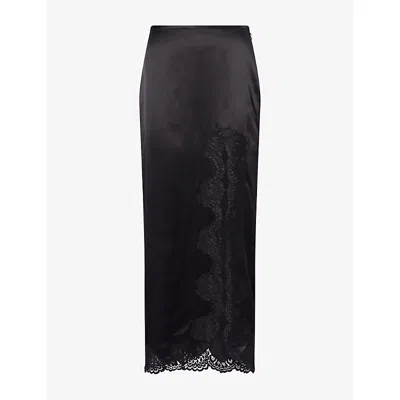Valentino Womens Lace-trim Split Silk-satin Midi Skirt Nero In Black