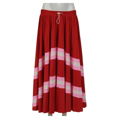Pre-owned Valentino Womens Maxi Striped Pleated Skirt Size Xl Red Pink Drawstring Waist