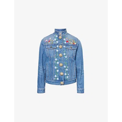 Valentino Womens Medium Blue Denim Bead-embellished Regular-fit Denim Jacket
