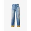 Valentino Garavani Light Blue Jeans With Logo Patch On The Back And Jacquard Cuffs In Denim Woman In Medium Blue Denim