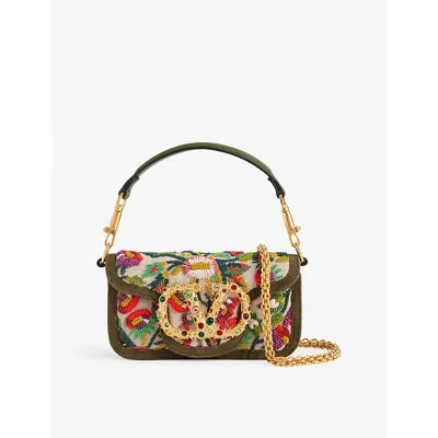 Valentino Garavani Womens  Loco Small Embroidered Linen Shoulder Bag In Nat-multic Green/deep