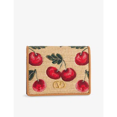 Valentino Garavani Womens  Vlogo Cherry Jacquard Raffia Wallet In Naturale/multicolor/nc