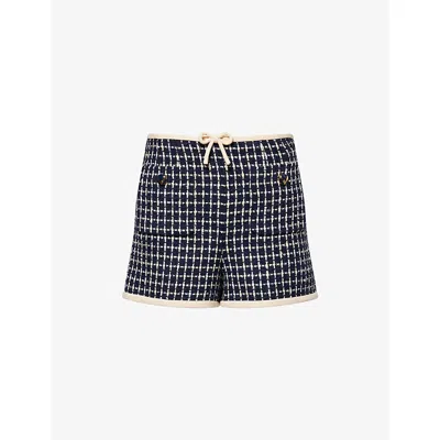 VALENTINO WOMENS NAVY AVORIO BOUCLÉ HIGH-RISE WOOL-BLEND SHORTS